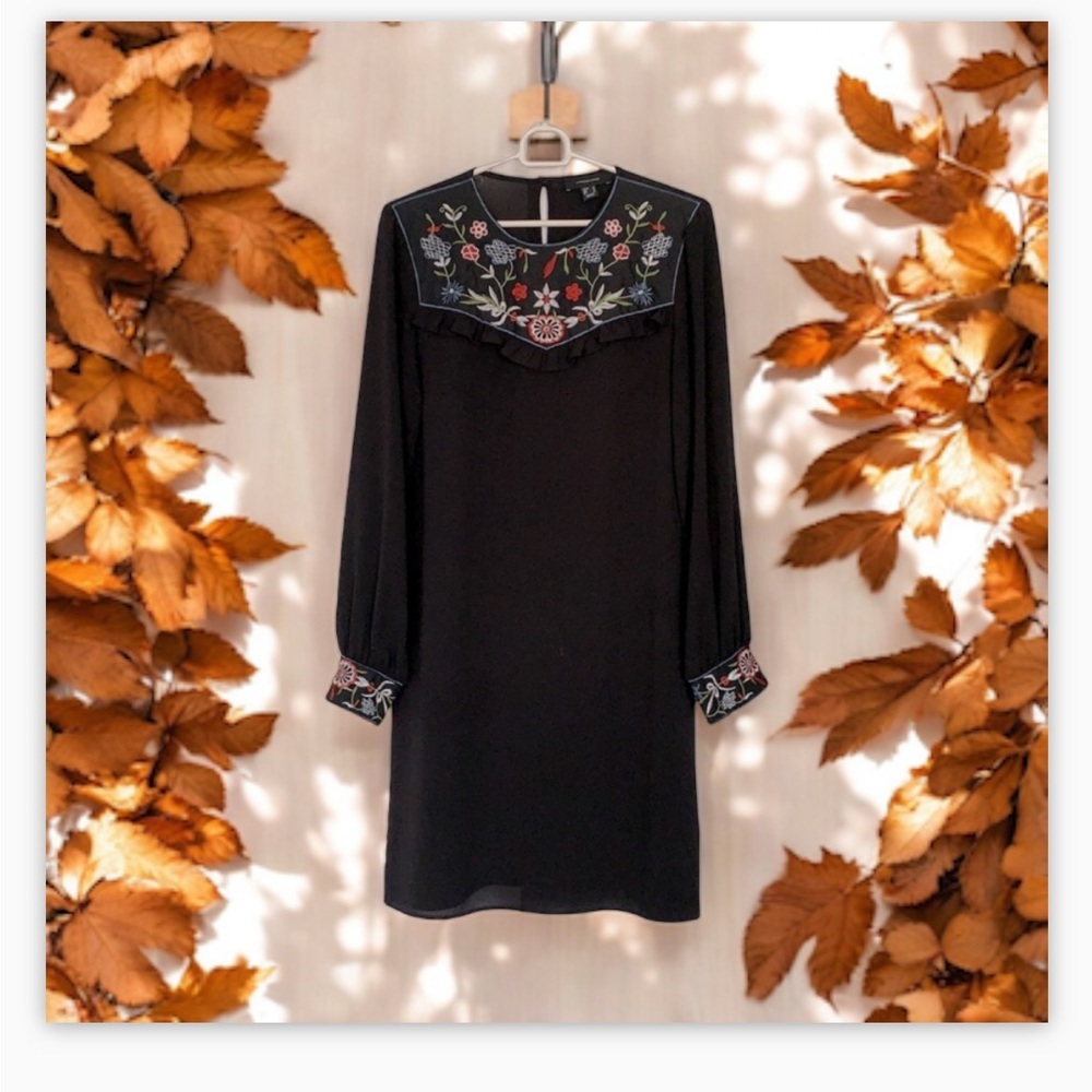 Atmosphere Black Dress -Embroidered Floral Detail -Neckline-Cuffs-Sz 8 🍂…